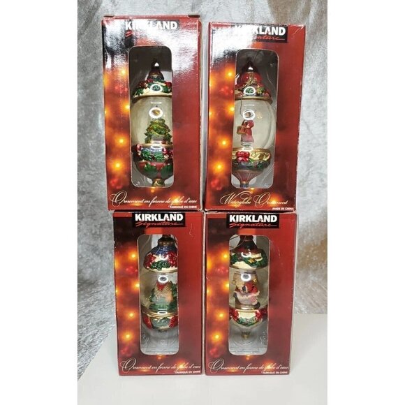 Christmas Ornament waterglobe lot of 4 Santa, Tree, Drummer, Partridge Kirkland - Picture 1 of 15